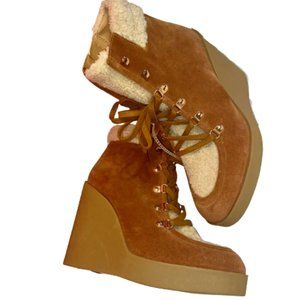 Jessica Simpson Booties Faux Fur Ladies Size 9.5M Maelyn Lace Up Wedge Platform